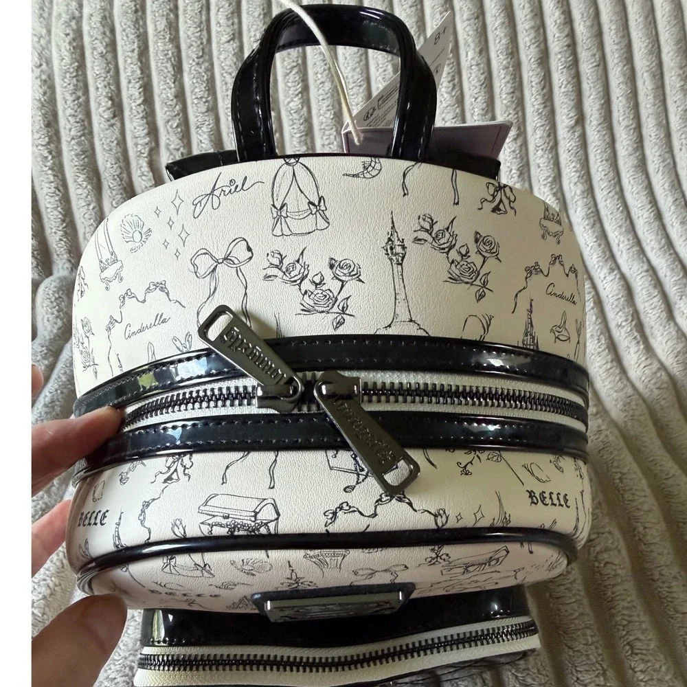 Disney Loungefly Princess Sketchy Mini Backpack Black White Patent Heart NWT